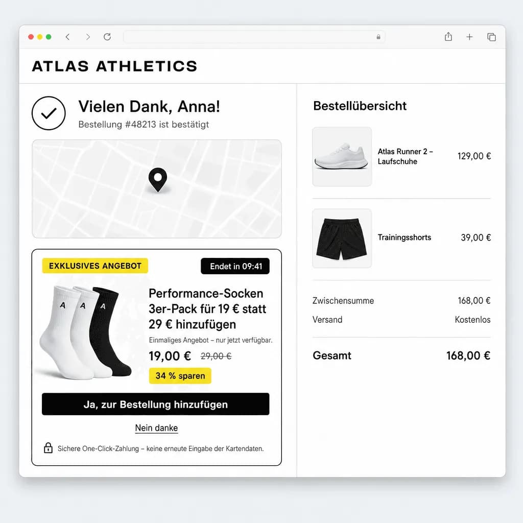 Bestellbestätigung mit einem MrUpsell One-Click-Angebot: Premium Pflege-Set für 19 € statt 34 € hinzufügen