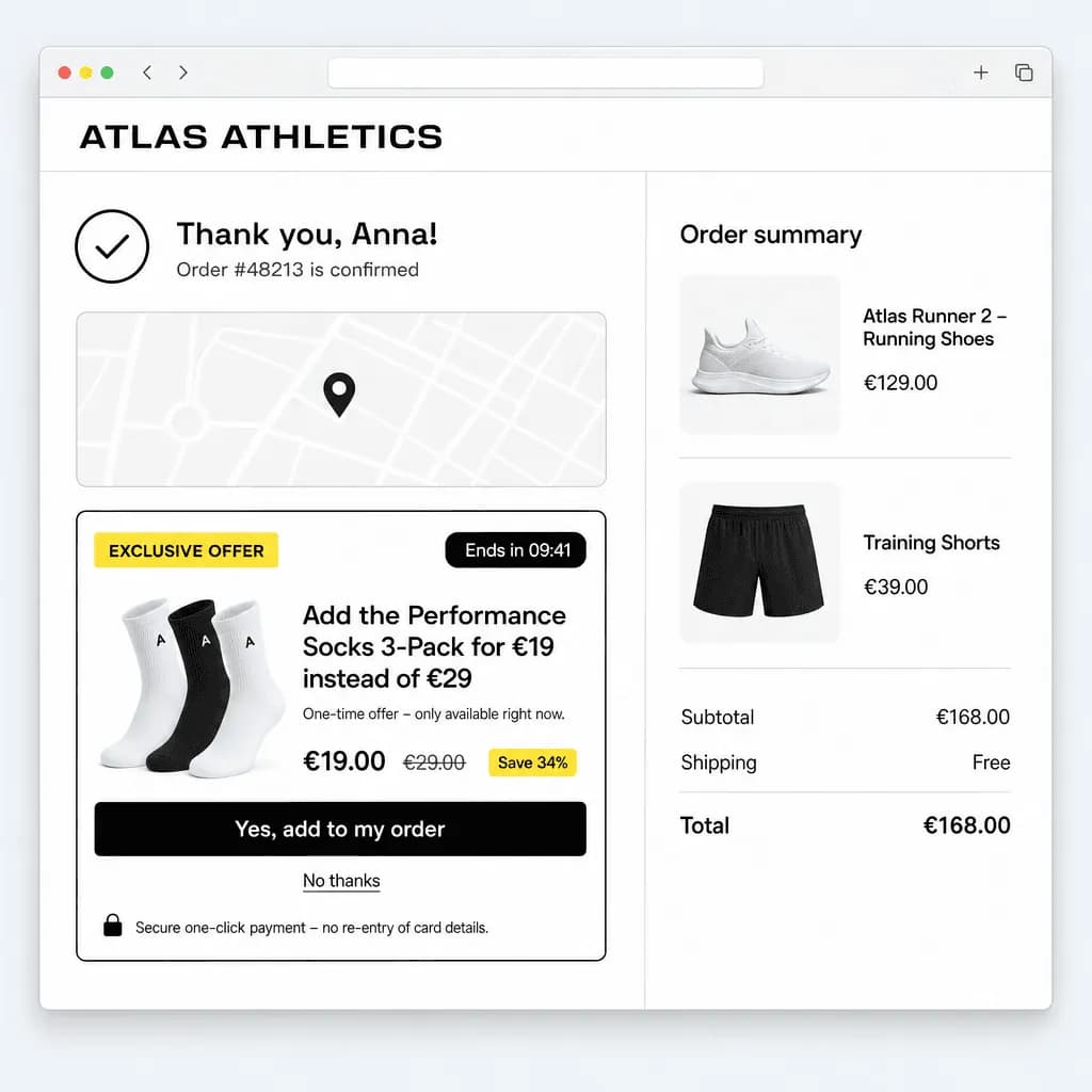 Order confirmation page with a MrUpsell one-click offer: add the Premium Care Kit for €19 instead of €34